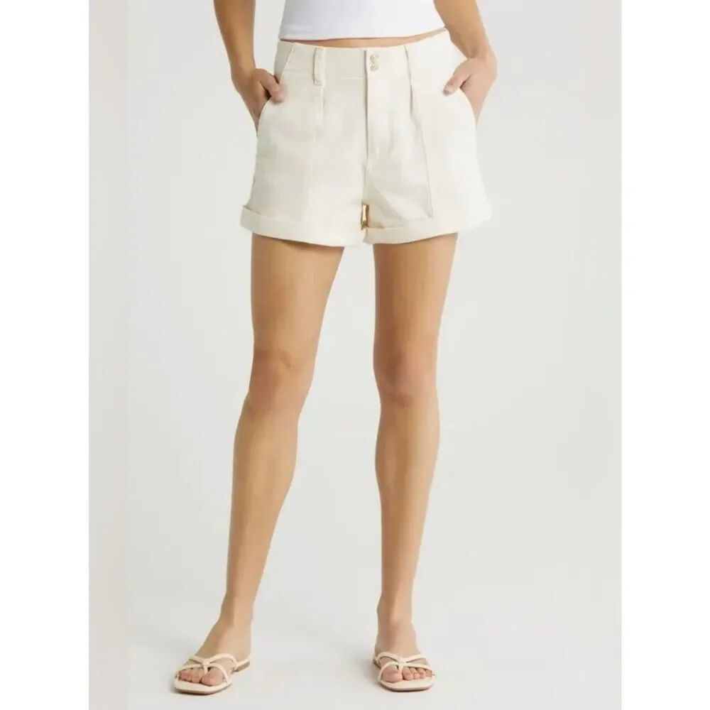 PAIGE Brooklyn High Waist Shorts - Cuffed Cream White Stretch, Size 31